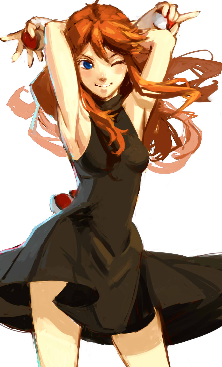 armpits arms_up bad_id bare_shoulders black_dress blue_(pokemon) blue_eyes breasts brown_hair cowboy_shot dress grin highres holding holding_poke_ball long_hair poke_ball pokemon pokemon_special red_hair redhead sideboob simple_background sleeveless sleeveless_turtleneck smile solo turtleneck waist_poke_ball white_background wink xelwyw1103