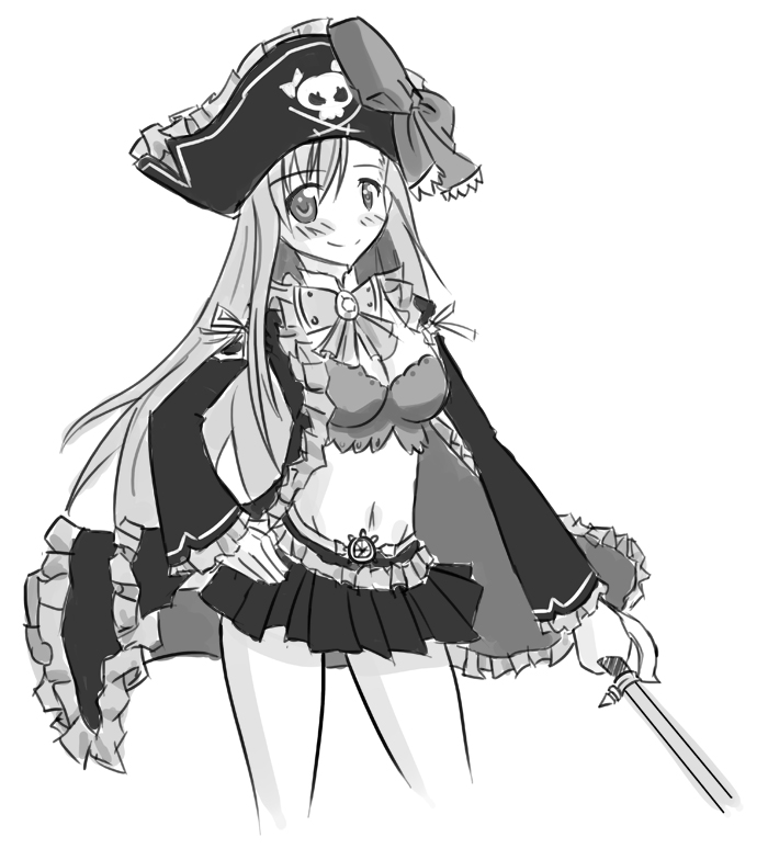 blush bow breasts bustier captain_liliana cleavage drawfag greyscale hat jolly_roger long_hair miniskirt monochrome pirate pirate_hat pleated_skirt queen's_blade queen's_blade_rebellion queen's_blade queen's_blade_rebellion skirt skull_and_crossed_swords solo sword weapon