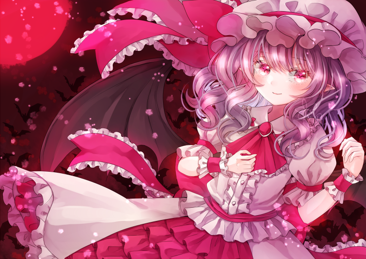 1girl ascot bangs bat bat_wings belt bow brown_background buttons closed_mouth collar collared_dress dress eyebrows_visible_through_hair flying gem hair_between_eyes hands_up hat hat_ribbon jaku_sono jewelry looking_to_the_side medium_hair mob_cap moon pink_belt pink_bow pink_eyes pink_neckwear pink_ribbon pointy_ears puffy_short_sleeves puffy_sleeves purple_hair red_moon remilia_scarlet ribbon short_sleeves smile solo touhou white_dress white_headwear white_sleeves wings wrist_cuffs