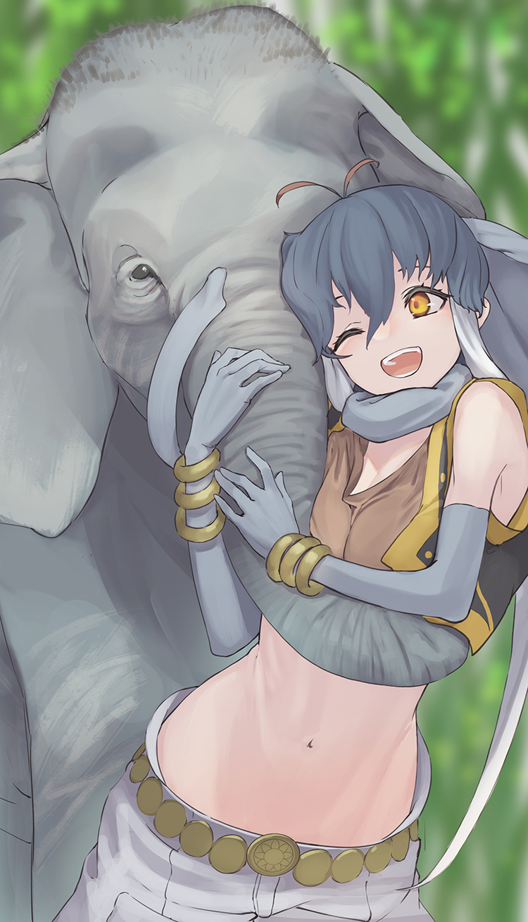 1girl black_vest borneo_elephant_(kemono_friends) brown_shirt commentary_request cowboy_shot crop_top don3 elbow_gloves elephant elephant_ears elephant_girl extra_ears eyebrows_visible_through_hair gloves gold_belt gold_bracelet gold_trim grey_gloves grey_hair grey_neckwear grey_shorts highres kemono_friends midriff multicolored_hair navel one_eye_closed open_clothes open_vest scarf shirt short_hair short_hair_with_long_locks shorts sidelocks sleeveless solo vest white_hair yellow_eyes