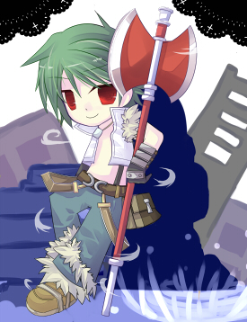 1boy axe bangs belt bio_lab black_gloves blue_pants brown_belt brown_footwear closed_mouth commentary_request crop_top eyebrows_visible_through_hair fingerless_gloves full_body fur-trimmed_pants fur-trimmed_shirt fur_trim gloves green_hair gyorui_(yakiudonnn) holding holding_axe howard_alt-eisen looking_at_viewer lowres male_focus open_clothes open_shirt pants pouch ragnarok_online red_eyes shirt shoes short_hair smile solo suspenders vambraces white_shirt whitesmith_(ragnarok_online)