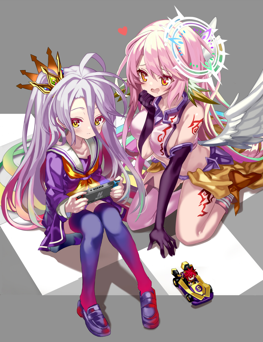 2girls :3 angel angel_wings asymmetrical_legwear blue_hair blue_legwear blush breasts closed_mouth commentary crop_top crown elbow_gloves feathered_wings game_console gloves gradient_hair halo heart highres jibril_(no_game_no_life) large_breasts long_hair low_wings magic_circle messy_hair midriff mismatched_legwear mouth_drool multicolored multicolored_eyes multicolored_hair multiple_girls no_game_no_life open_mouth pink_eyes pink_hair school_uniform serafuku shino_(eefy) shiro_(no_game_no_life) sideboob sitting smile sora_(no_game_no_life) tattoo thigh-highs toy_car very_long_hair white_wings wing_ears wings yellow_eyes