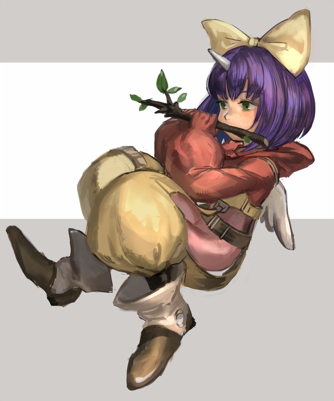 1girl blue_hair bodysuit bow eiko_carol final_fantasy final_fantasy_ix gloves green_eyes hair_bow horns sasumata_jirou short_hair single_horn solo wings yellow_bow