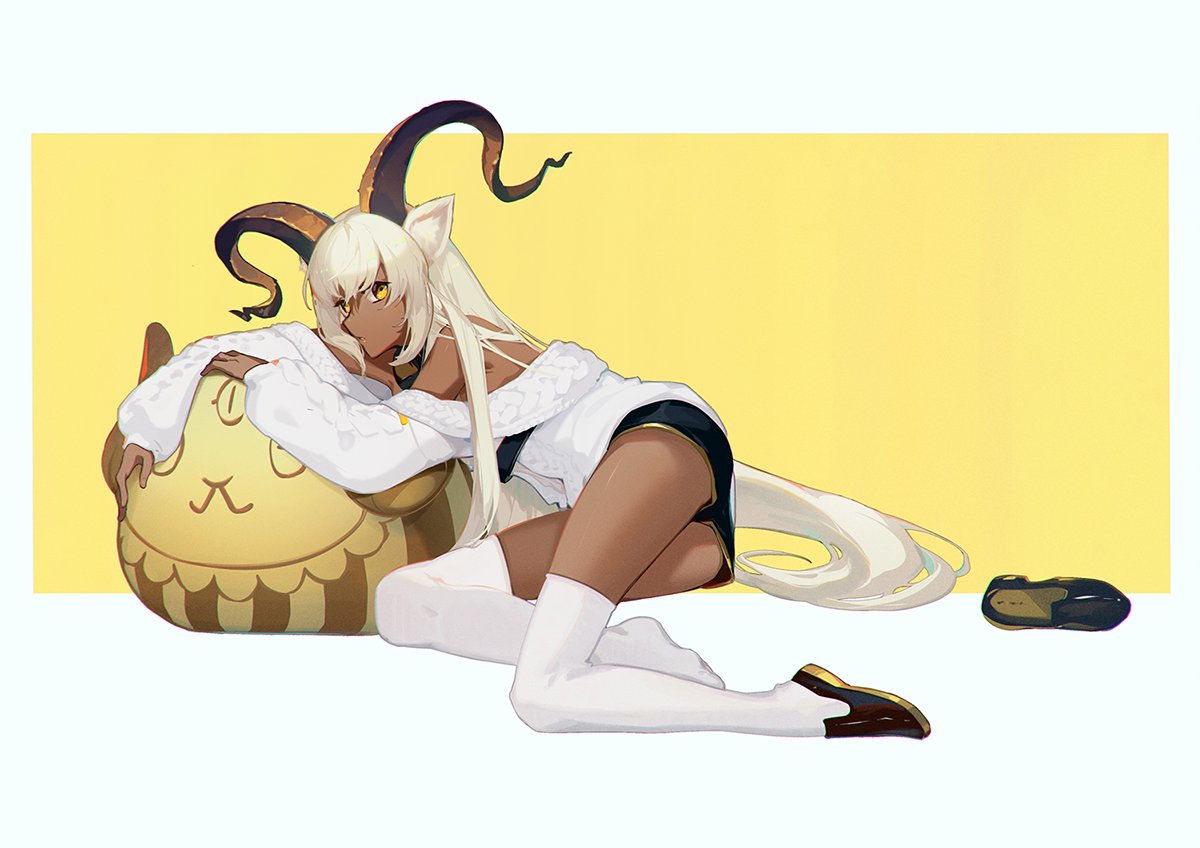 1girl 3four animal_ears arknights bare_shoulders beeswax_(arknights) beeswax_(weisser_sand)_(arknights) black_footwear black_shorts commentary dark-skinned_female dark_skin full_body goat_ears goat_girl goat_horns horns long_hair looking_at_viewer lying official_alternate_costume on_side pillow shoe_removed shoes shorts sidelocks simple_background single_shoe solo sweater thigh-highs two-tone_background very_long_hair white_background white_hair white_legwear white_sweater yellow_background yellow_eyes