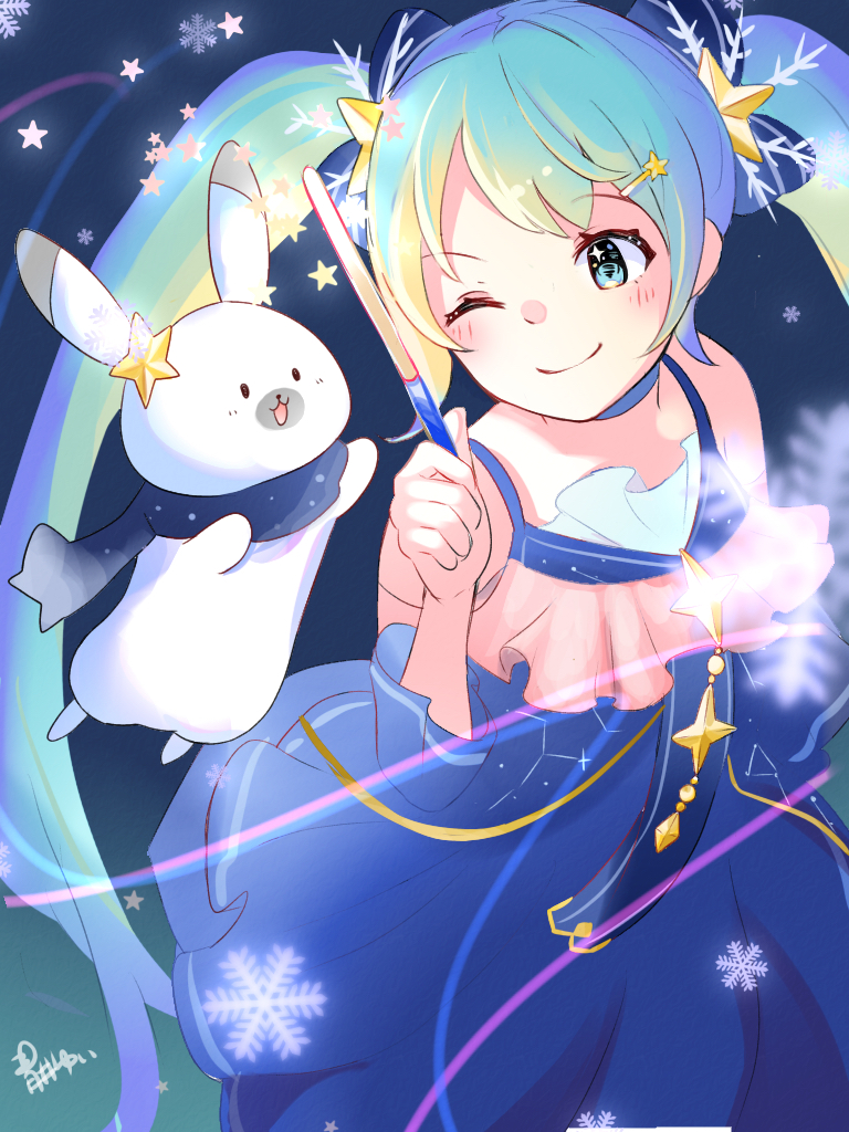 1girl 1other aoiyui aqua_eyes aqua_hair blue_dress blue_scarf commentary constellation_print dress frilled_dress frills glowing hair_ornament hairclip hatsune_miku holding holding_wand long_hair looking_at_another night one_eye_closed rabbit rabbit_yukine scarf signature smile snowflake_hair_ornament snowflakes star_(symbol) star_hair_ornament star_night_snow_(vocaloid) twintails very_long_hair vocaloid wand yuki_miku yuki_miku_(2017)