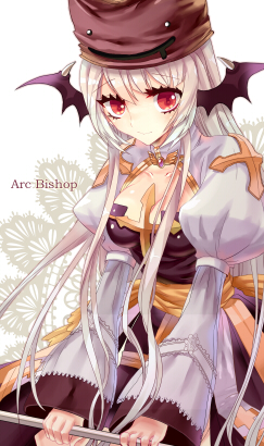 1girl arch_bishop_(ragnarok_online) bangs black_dress black_wings breasts brown_headwear character_name cleavage_cutout closed_mouth clothing_cutout commentary_request cowboy_shot cross demon_wings deviruchi_hat dress eyebrows_visible_through_hair hat head_wings holding holding_staff juliet_sleeves long_hair long_sleeves looking_at_viewer lowres medium_breasts puffy_sleeves q_qree ragnarok_online red_eyes sash smile solo staff two-tone_dress white_dress white_hair wings yellow_sash