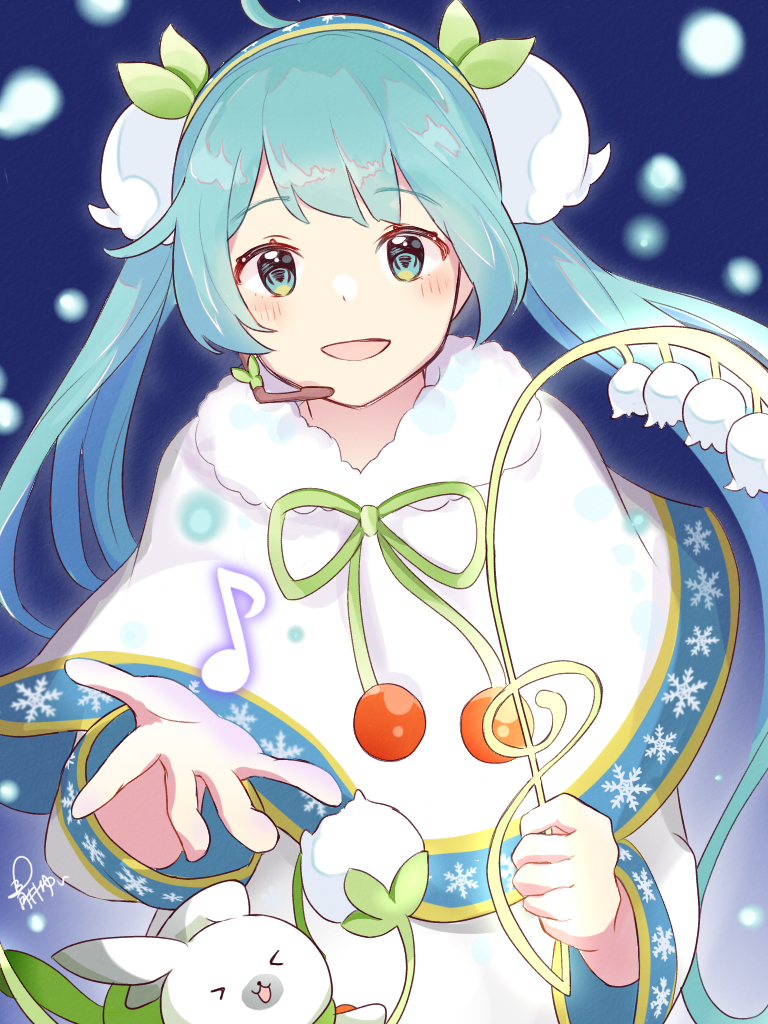 &gt;_&lt; 1girl 1other ainu_clothes aoiyui aqua_eyes aqua_hair capelet cherry commentary dress eighth_note flower food fruit fur-trimmed_capelet fur_trim glowing gold_trim hair_flower hair_ornament hatsune_miku headset holding holding_flower lily_of_the_valley long_hair looking_at_viewer musical_note night open_mouth outdoors rabbit_yukine signature smile snow_fairy_story_(vocaloid) snowbell_(flower) snowflake_print snowing treble_clef twintails very_long_hair vocaloid white_capelet white_dress white_flower yuki_miku yuki_miku_(2015)
