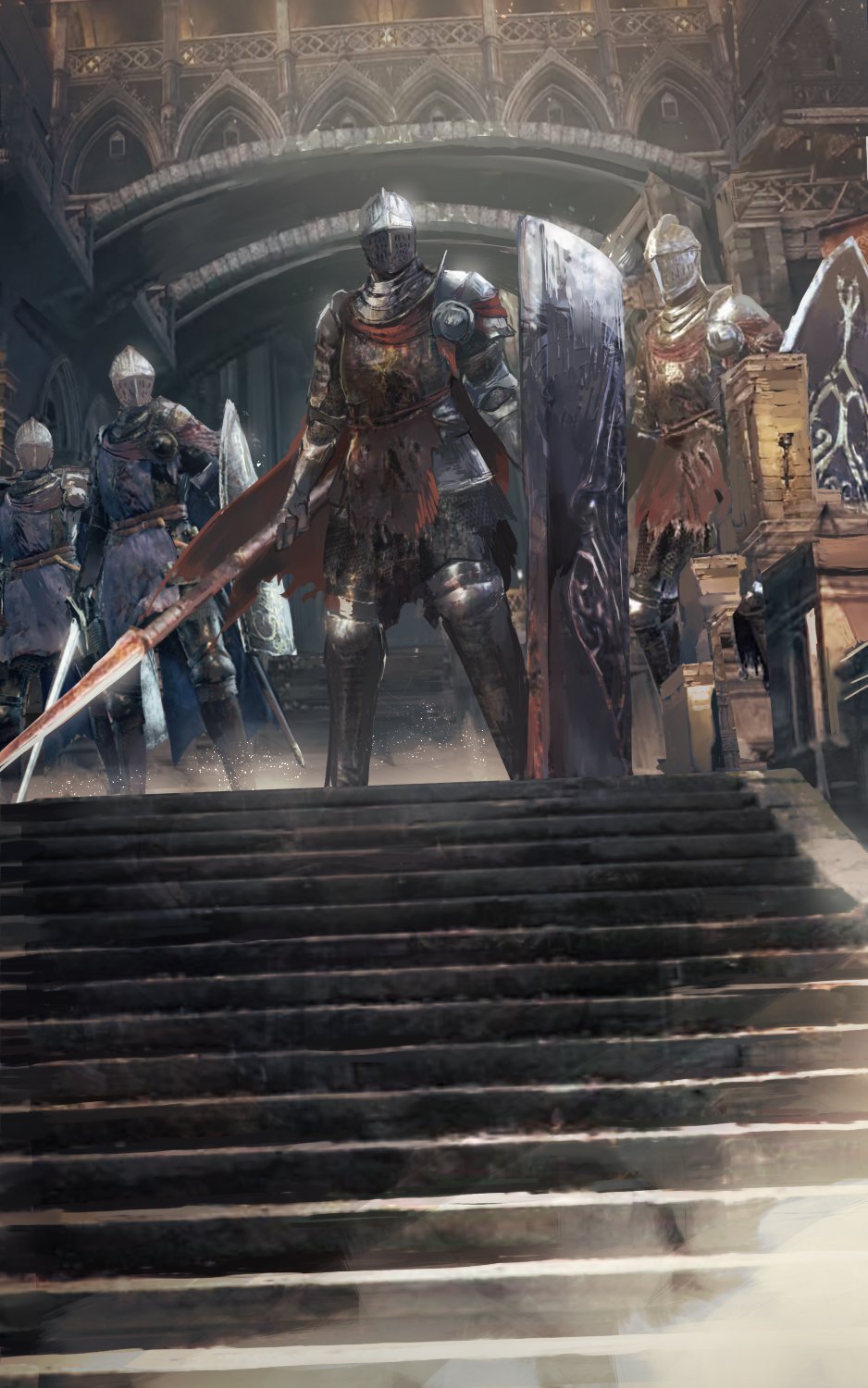 4others ambiguous_gender armor commentary_request dark_souls_(series) facing_viewer full_armor helm helmet highres holding holding_polearm holding_shield holding_spear holding_sword holding_weapon indoors mono_(jdaj) multiple_others polearm realistic shield spear stairs sword weapon