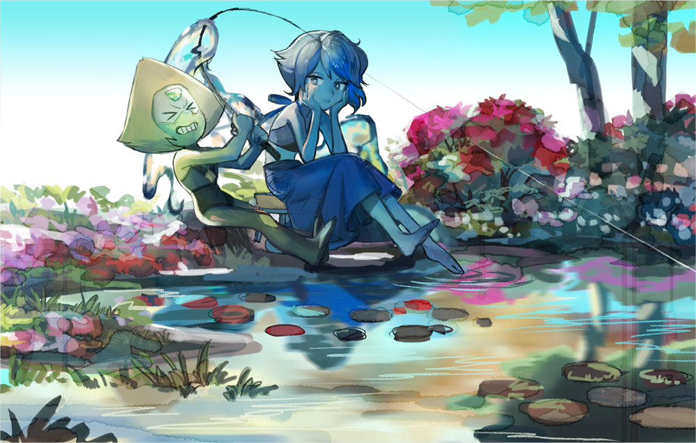 2girls barefoot blue_dress blue_eyes blue_hair blue_skin bodysuit closed_mouth colored_skin dress feet fishing fishing_rod forehead_jewel green_hair green_skin lapis_lazuli_(steven_universe) midriff multiple_girls peridot_(steven_universe) pond sasumata_jirou short_hair steven_universe tree water