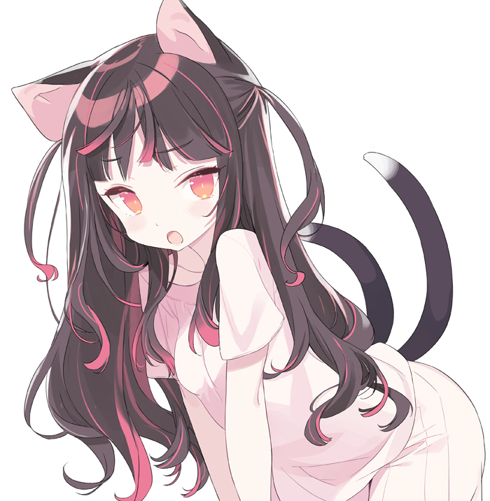 1girl animal_ears bangs black_hair blade_(galaxist) breasts cat_ears cat_girl cat_tail commentary_request eyebrows_visible_through_hair long_hair looking_at_viewer multicolored_hair multiple_tails nekoyama_nae open_mouth pants pink_hair pink_shirt red_eyes shirt short_sleeves simple_background small_breasts solo streaked_hair tail tail_raised toranoana two_side_up two_tails very_long_hair virtual_youtuber white_background white_pants