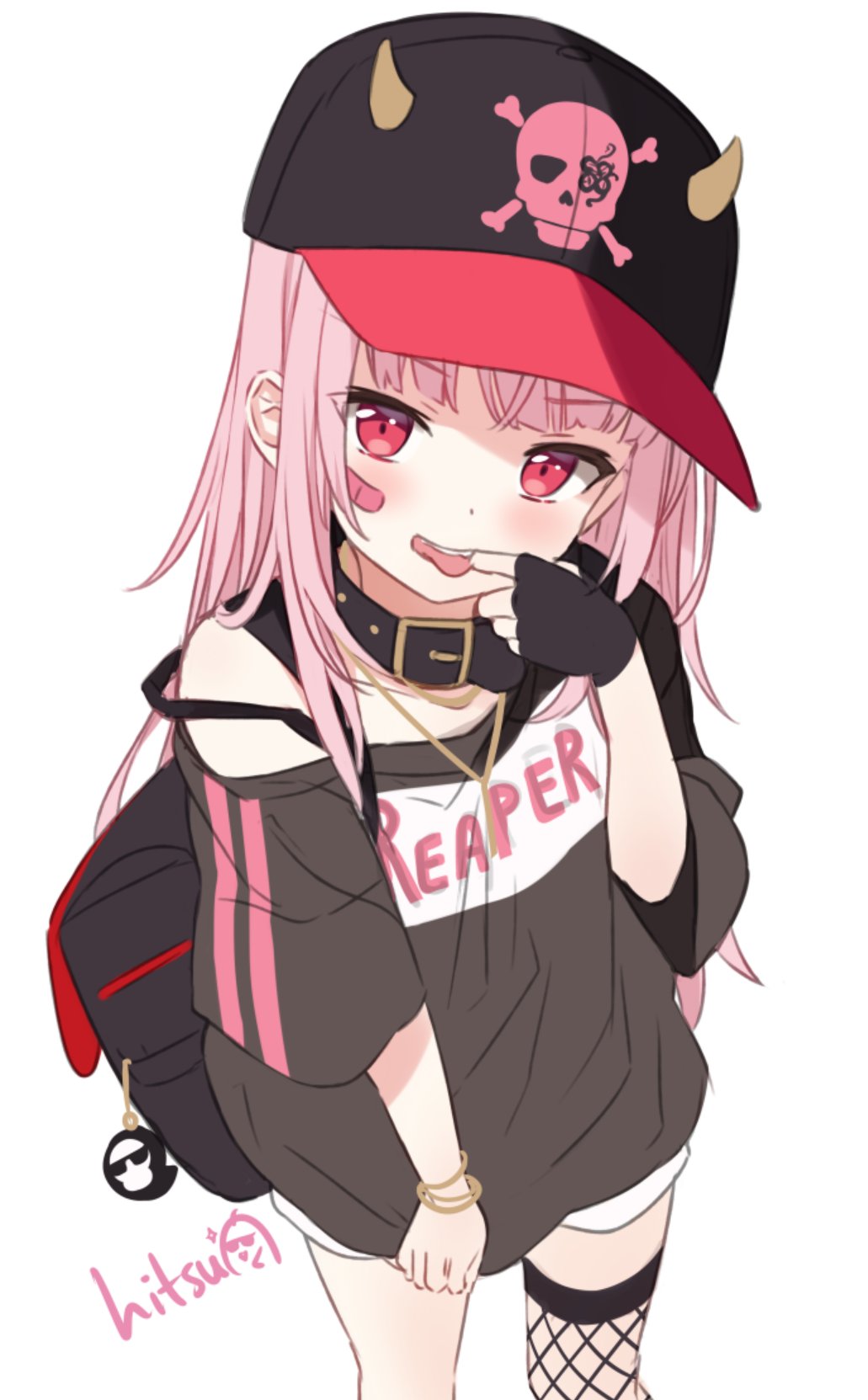 1girl backpack bag bangle bangs bare_shoulders baseball_cap black_collar black_gloves black_headwear black_shirt bracelet clothes_writing collar commentary english_commentary eyebrows_visible_through_hair fake_horns finger_in_mouth fingerless_gloves fishnet_legwear fishnets gloves hat head_tilt highres hitsukuya hololive hololive_english horned_headwear horns jewelry long_hair looking_at_viewer mori_calliope off_shoulder pink_hair red_eyes shirt short_shorts short_sleeves shorts signature simple_background single_glove single_thighhigh skull_and_crossbones solo thigh-highs v-shaped_eyebrows very_long_hair virtual_youtuber white_background white_shorts
