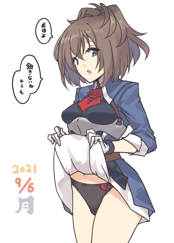 1girl ascot black_panties blue_eyes brown_hair clothes_lift commentary_request cowboy_shot flower gloves kantai_collection lifted_by_self looking_at_viewer messy_hair military military_uniform nakadori_(movgnsk) panties red_flower red_neckwear red_rose rose sheffield_(kancolle) simple_background skirt skirt_lift solo standing translated underwear uniform white_background white_gloves white_skirt