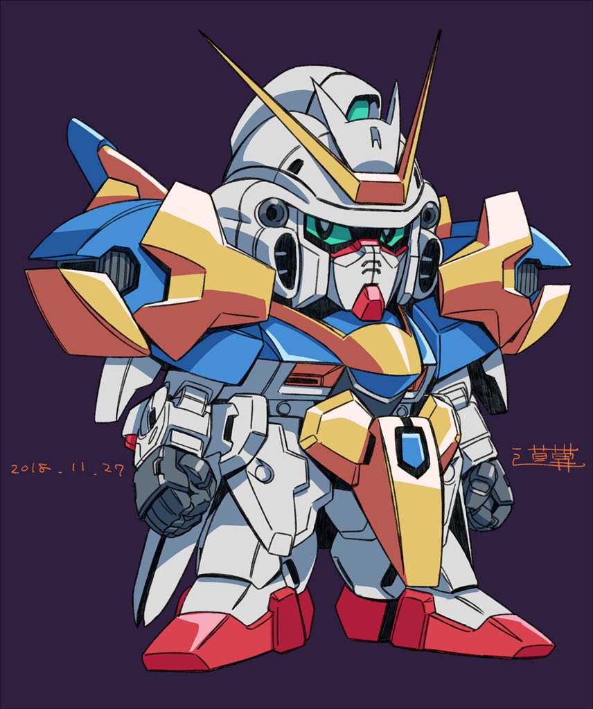 chibi dated green_eyes gundam looking_to_the_side mecha michi_kuso mobile_suit no_humans purple_background science_fiction solo standing v2_gundam victory_gundam