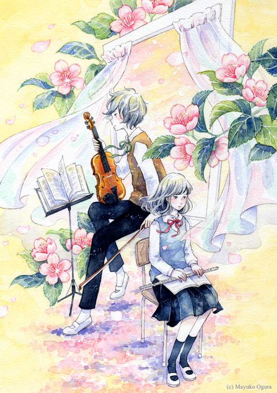 2girls artist_name bangs black_legwear black_pants black_skirt bow_(instrument) brown_sweater_vest chair curtains flower flute grey_hair grey_neckwear grey_ribbon grey_sweater_vest holding holding_instrument instrument long_sleeves mayuko_ogura medium_hair multiple_girls original painting_(medium) pants petals pink_flower red_neckwear red_ribbon ribbon shirt shoes short_hair sitting skirt socks spread_legs traditional_media uniform violin watercolor_(medium) white_footwear white_shirt window