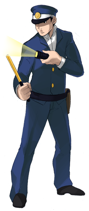 1boy baton_(weapon) black_footwear blue_headwear blue_jacket blue_pants buttons closed_mouth collared_shirt commentary_request flashlight frown full_body hat holding holding_flashlight jacket male_focus maou_abusorun pants pokemon pokemon_(game) pokemon_dppt police_officer_(pokemon) shirt shoes solo standing weapon white_shirt