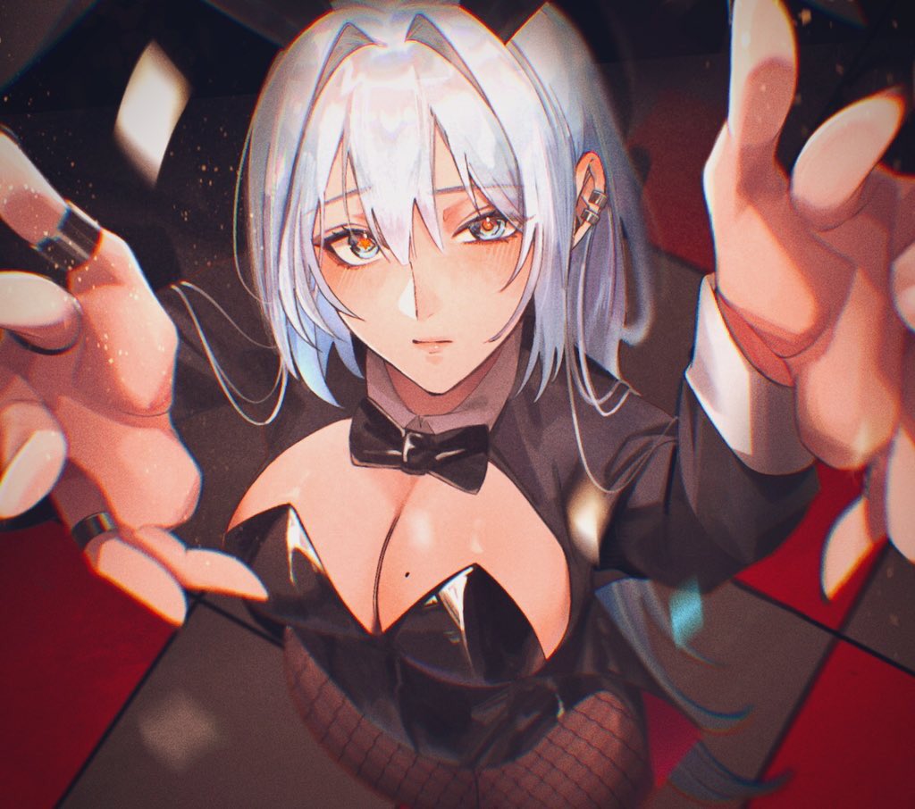 1girl animal_ears bangs blue_eyes breasts collar ear_piercing fishnet_legwear fishnets jewelry large_breasts leotard looking_at_viewer mole mole_on_breast necktie original outstretched_arms piercing playboy_bunny rabbit_ears ring solo toho10min white_hair