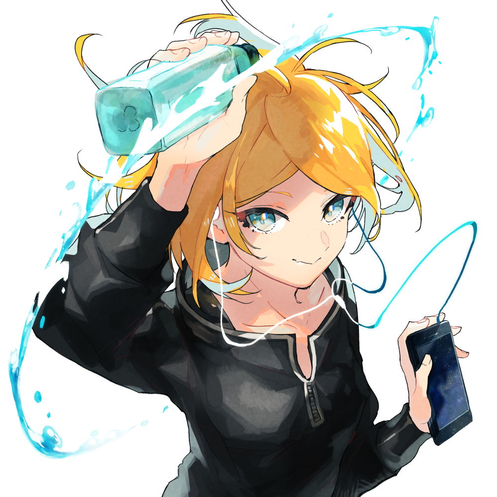 1girl black_jacket blonde_hair blue_eyes bottle cellphone collarbone commentary fang hand_up holding holding_bottle holding_phone jacket kagamine_rin looking_at_viewer namo_(00) phone short_hair skin_fang smartphone smile solo splashing upper_body vocaloid water_bottle white_background zipper_pull_tab