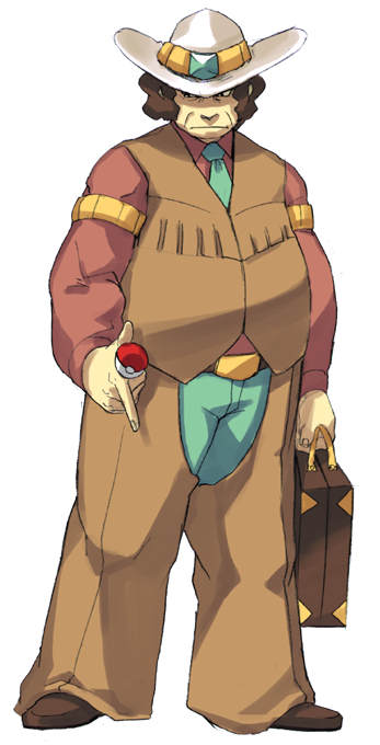1boy belt briefcase brown_footwear brown_hair brown_shirt brown_vest clay_(pokemon) closed_mouth commentary_request cowboy_hat frown full_body green_neckwear green_pants hat holding holding_briefcase long_sleeves male_focus maou_abusorun necktie pants poke_ball pokemon pokemon_(game) pokemon_bw shirt shoes solo vest