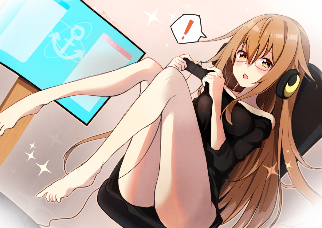 ! 1girl anchor_symbol bangs bare_legs bare_shoulders barefoot black_panties black_shirt blush breasts brown-framed_eyewear brown_eyes brown_hair chair collarbone commentary_request controller crescent eyebrows_visible_through_hair game_controller glasses hair_between_eyes headphones holding kantai_collection knees_up long_hair looking_at_viewer medium_breasts mochizuki_(kancolle) off-shoulder_shirt off_shoulder office_chair on_chair open_mouth panties semi-rimless_eyewear shirt sitting solo sou_(soutennkouchi) sparkle spoken_exclamation_mark under-rim_eyewear underwear very_long_hair