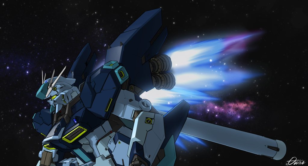 char's_counterattack from_side glowing glowing_eye gundam gundam_msv korean_commentary looking_ahead mecha mobile_suit no_humans nu_gundam_mp_type solo space thrusters toilobo v-fin yellow_eyes
