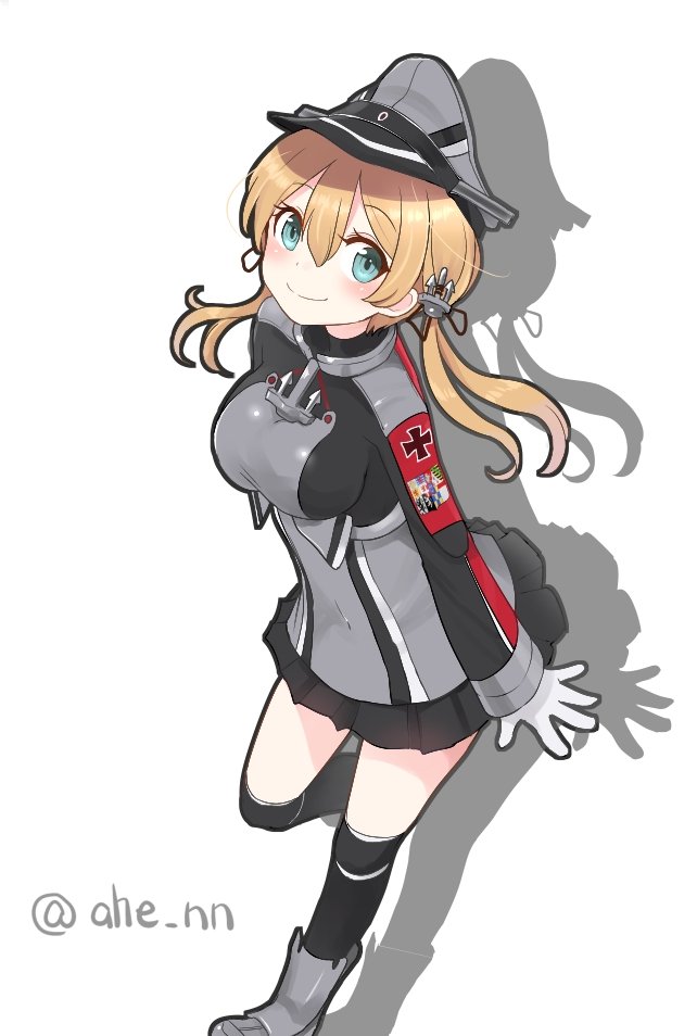 1girl ahenn anchor_hair_ornament anchor_ornament aqua_eyes black_skirt blonde_hair breasts commentary cross gloves grey_headwear hair_ornament hat iron_cross kantai_collection long_hair low_twintails medium_breasts microskirt military_hat military_uniform over-kneehighs peaked_cap pleated_skirt prinz_eugen_(kancolle) shadow simple_background skirt smile solo thigh-highs twintails twitter_username uniform white_background white_gloves