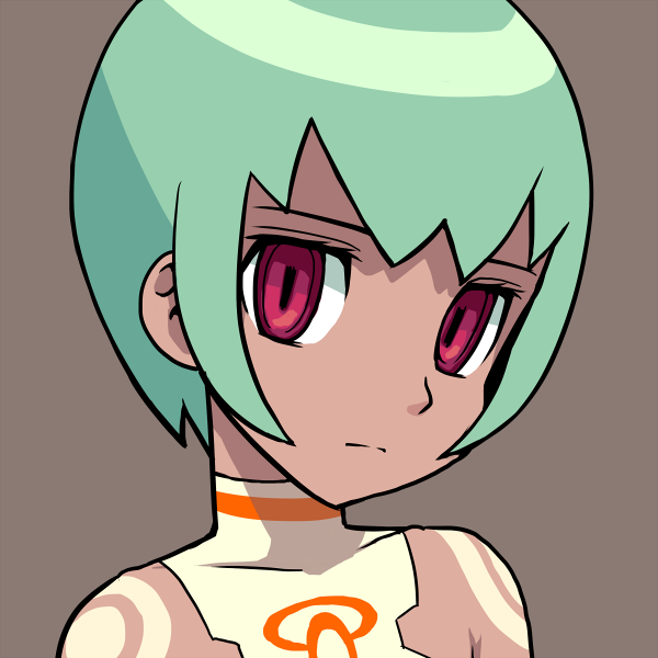 1girl bare_shoulders closed_mouth dark-skinned_female dark_skin face green_hair hair_between_eyes hair_ornament head_tilt looking_at_viewer mega_man_(series) mega_man_legends mega_man_legends_2 muu_(mumumer) portrait red_eyes sera_(mega_man) short_hair simple_background solo