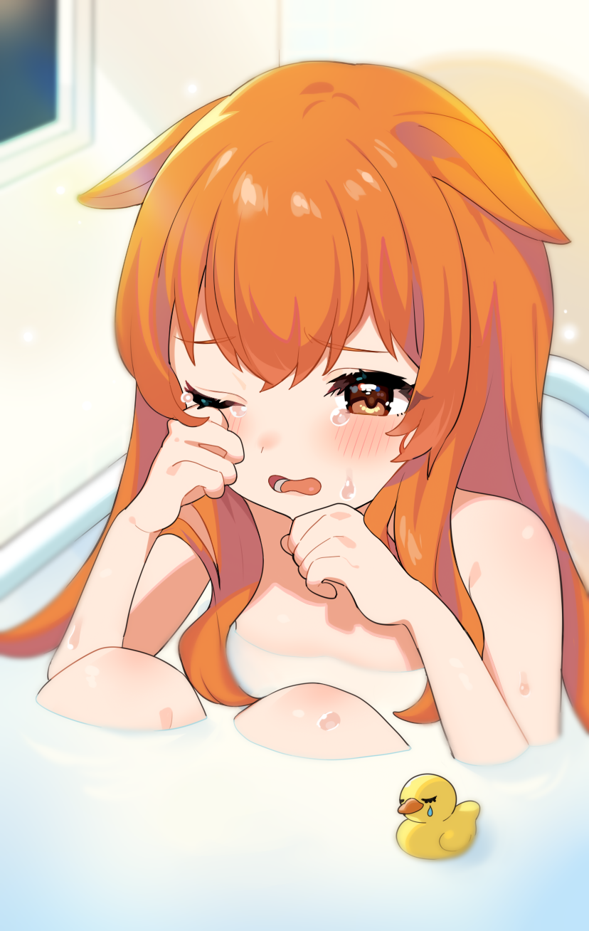 1girl animal_ears bath bathing bathtub blush brown_eyes commentary_request crying crying_with_eyes_open highres horse_ears indoors inuyama_nanami knees_up long_hair mayano_top_gun_(umamusume) nude one_eye_closed open_mouth orange_hair partially_submerged rubber_duck sitting solo tears umamusume wavy_mouth wet window