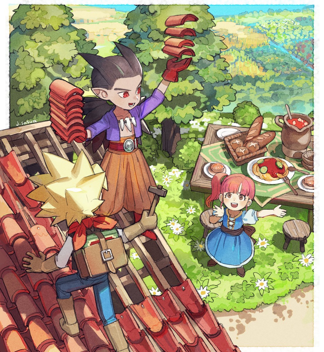 1girl 2boys arm_up black_hair blonde_hair brown_eyes day dragon_quest dragon_quest_builders_2 dress gloves highres long_hair male_builder_(dqb2) multiple_boys open_mouth orange_pants pants pink_hair pointy_ears puffy_sleeves purple_shirt red_eyes red_gloves ruru_(dqb2) sasumata_jirou shirt side_ponytail sidoh_(dqb2) smile spiky_hair tree