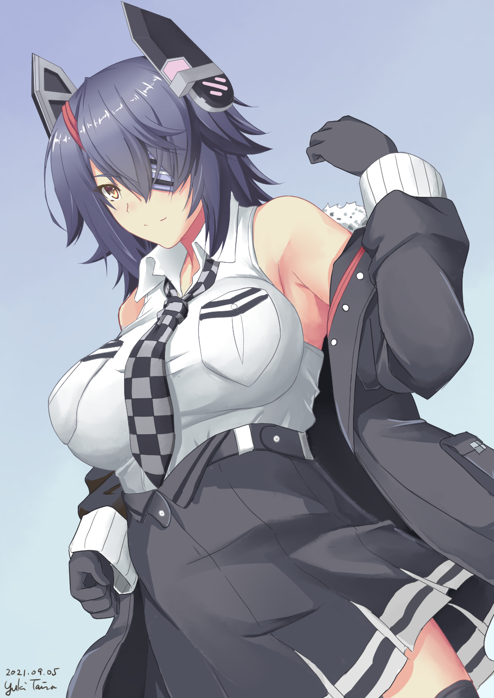 1girl black_gloves black_jacket black_legwear black_skirt breast_pocket breasts checkered checkered_neckwear eyepatch gloves headgear high-waist_skirt highres jacket kantai_collection large_breasts long_sleeves necktie pocket purple_hair shirt short_hair skirt sleeveless sleeveless_shirt solo taira_yuuki tenryuu_(kancolle) thigh-highs white_shirt yellow_eyes