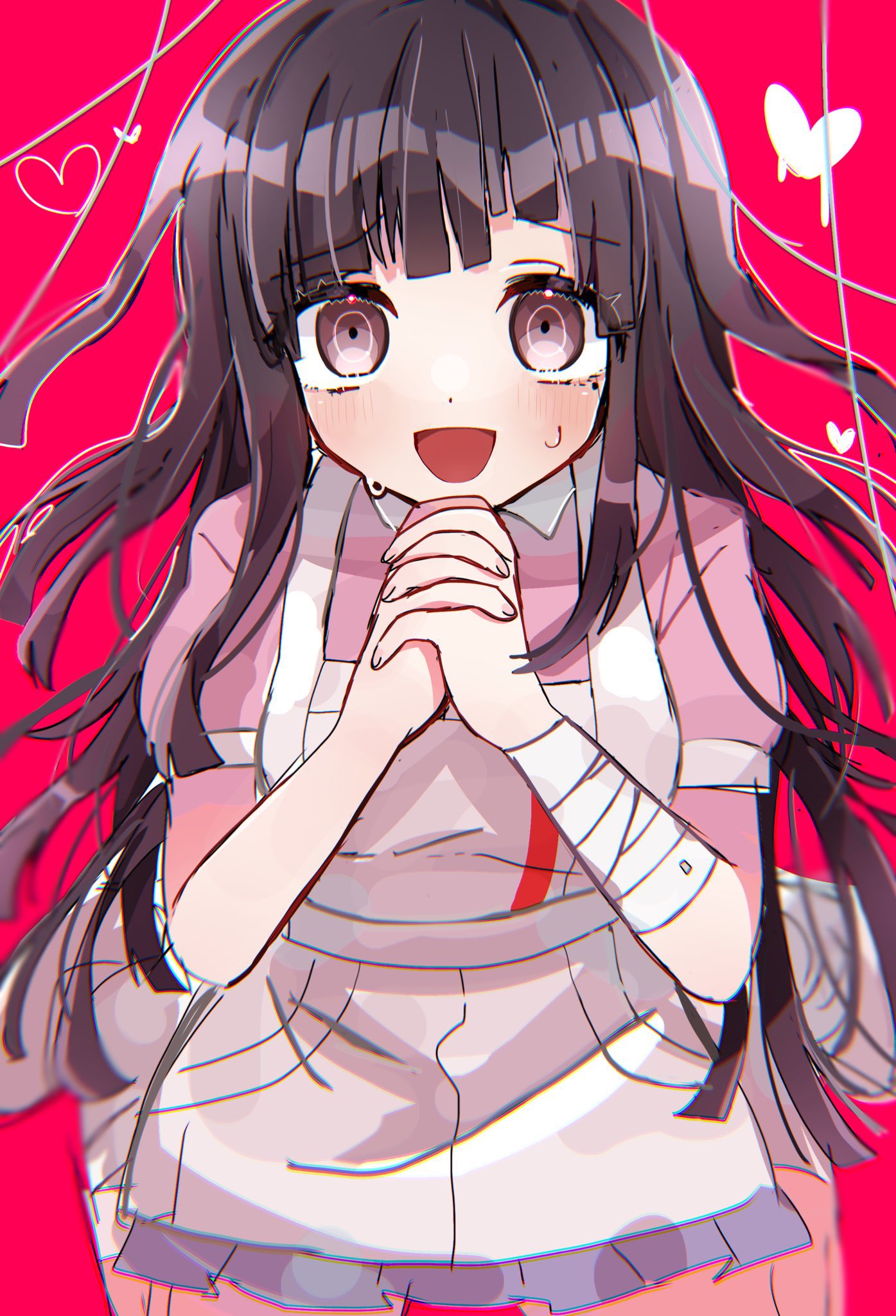 1girl :d apron bandaged_arm bandages bangs black_hair blush commentary_request cowboy_shot danganronpa_(series) danganronpa_2:_goodbye_despair eyebrows_visible_through_hair hands_clasped heart highres izumi_(yuyuyusura) long_hair looking_at_viewer mole mole_under_eye open_mouth own_hands_together pink_shirt pleated_skirt red_background shiny shiny_hair shirt short_sleeves simple_background skirt smile solo tsumiki_mikan white_apron