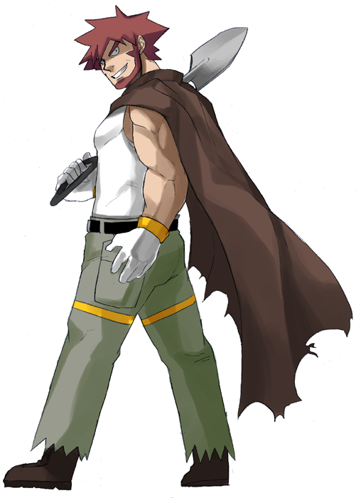 1boy bangs bare_arms beard belt black_belt boots brown_cape brown_footwear brown_hair byron_(pokemon) cape commentary_request facial_hair full_body gloves grin holding holding_shovel male_focus maou_abusorun muscular muscular_male pants pokemon pokemon_(game) pokemon_dppt shirt short_hair shovel sleeveless sleeveless_shirt smile solo spiky_hair standing teeth torn_clothes torn_pants white_gloves white_shirt