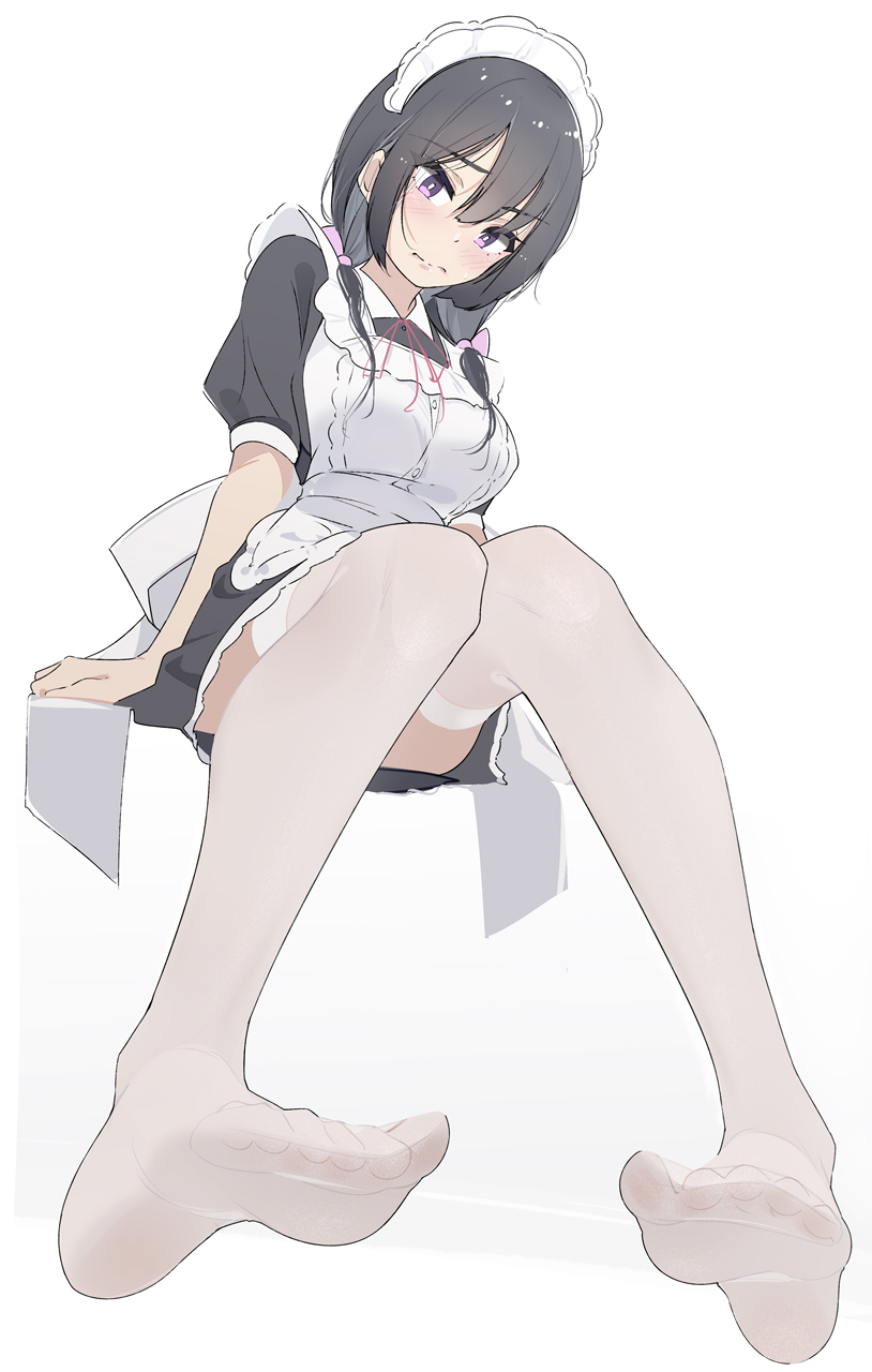 1girl black_hair highres invisible_chair maid maid_headdress medium_hair no_shoes original sitting soles solo thigh-highs toes twintails unimon_e violet_eyes white_background white_legwear