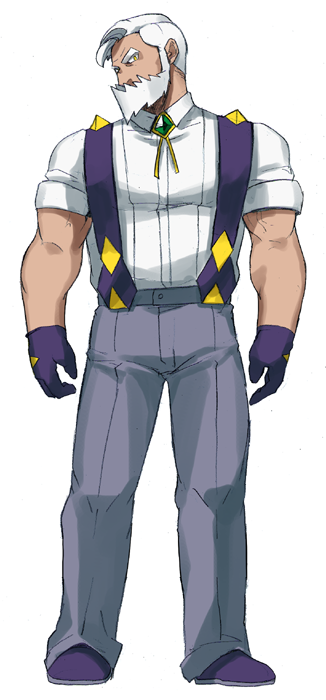 1boy beard collared_shirt commentary_request drayden_(pokemon) facial_hair full_body gloves grey_pants looking_at_viewer male_focus maou_abusorun muscular muscular_male old old_man pants pokemon pokemon_(game) pokemon_bw purple_footwear purple_gloves shirt shoes short_hair short_sleeves solo suspenders white_hair white_shirt