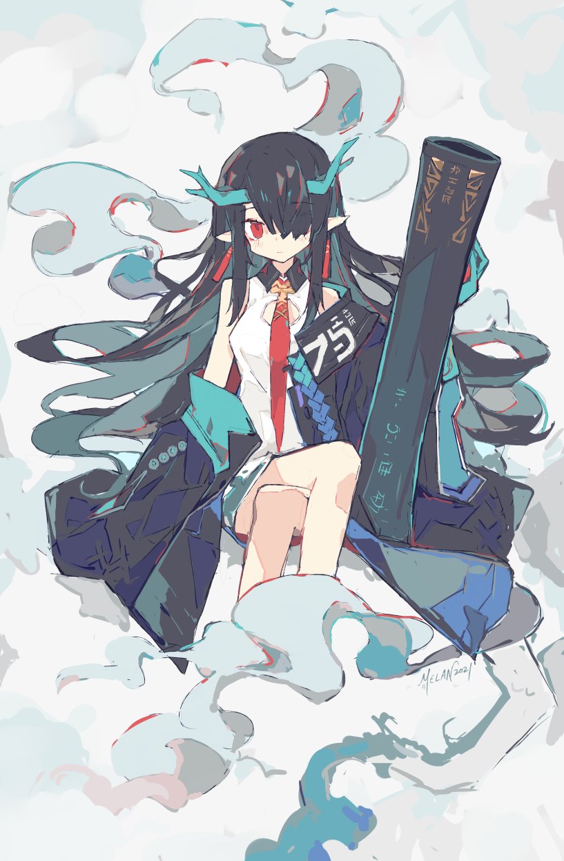 1girl 2021 arknights black_collar black_hair black_jacket china_dress chinese_clothes cleavage_cutout clothing_cutout collar colored_skin commentary crossed_legs dragon_horns dress dusk_(arknights) ear_piercing eyebrows_visible_through_hair green_skin hair_over_one_eye highres horns jacket long_hair looking_at_viewer melanbread necktie off_shoulder open_clothes open_jacket piercing pointy_ears red_eyes red_neckwear scabbard sheath sitting sleeveless sleeveless_dress smoke solo very_long_hair white_background white_dress