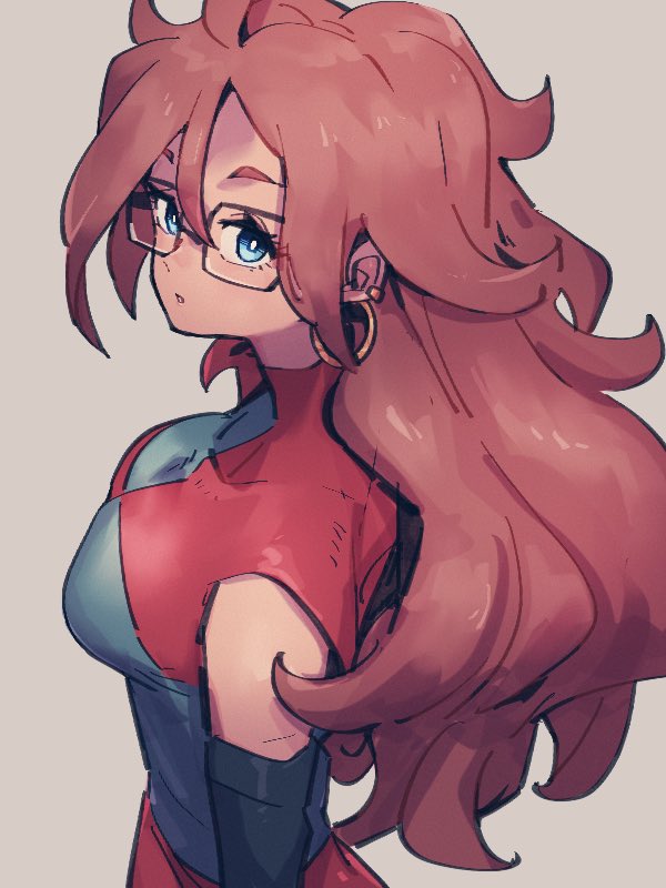 1girl android_21 blue_eyes breasts checkered checkered_dress dragon_ball dragon_ball_fighterz dress earrings glasses grey_background hair_between_eyes hoop_earrings jewelry kemachiku long_hair medium_breasts redhead simple_background solo