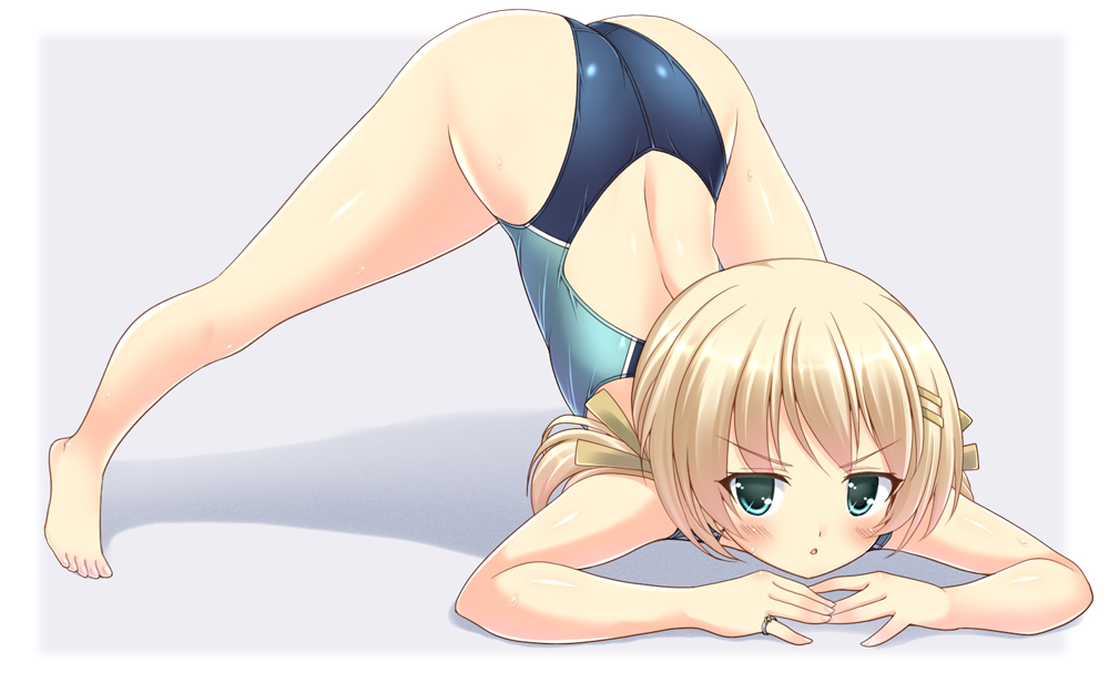 1girl arm_rest ass border commentary_request competition_swimsuit green_eyes grey_background hands_on_ground hizuki_aki jack-o'_challenge long_hair looking_at_viewer multicolored multicolored_clothes multicolored_swimsuit one-piece_swimsuit original short_hair solo swimsuit top-down_bottom-up twintails two-tone_background white_border wide_spread_legs