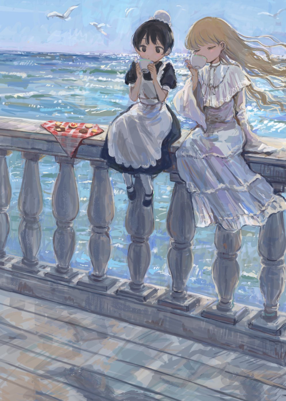 2girls apron arm_support bird black_dress black_eyes black_hair blonde_hair bun_cover checkered closed_eyes cookie cup day deck dress drinking eyelashes food frilled_dress frills highres holding holding_cup long_dress long_hair maid maid_apron mary_janes multiple_girls ocean okanadamo on_railing original outdoors pantyhose railing seagull shoes short_hair side-by-side teacup very_long_hair waves wavy_hair white_dress white_legwear wide_sleeves wind