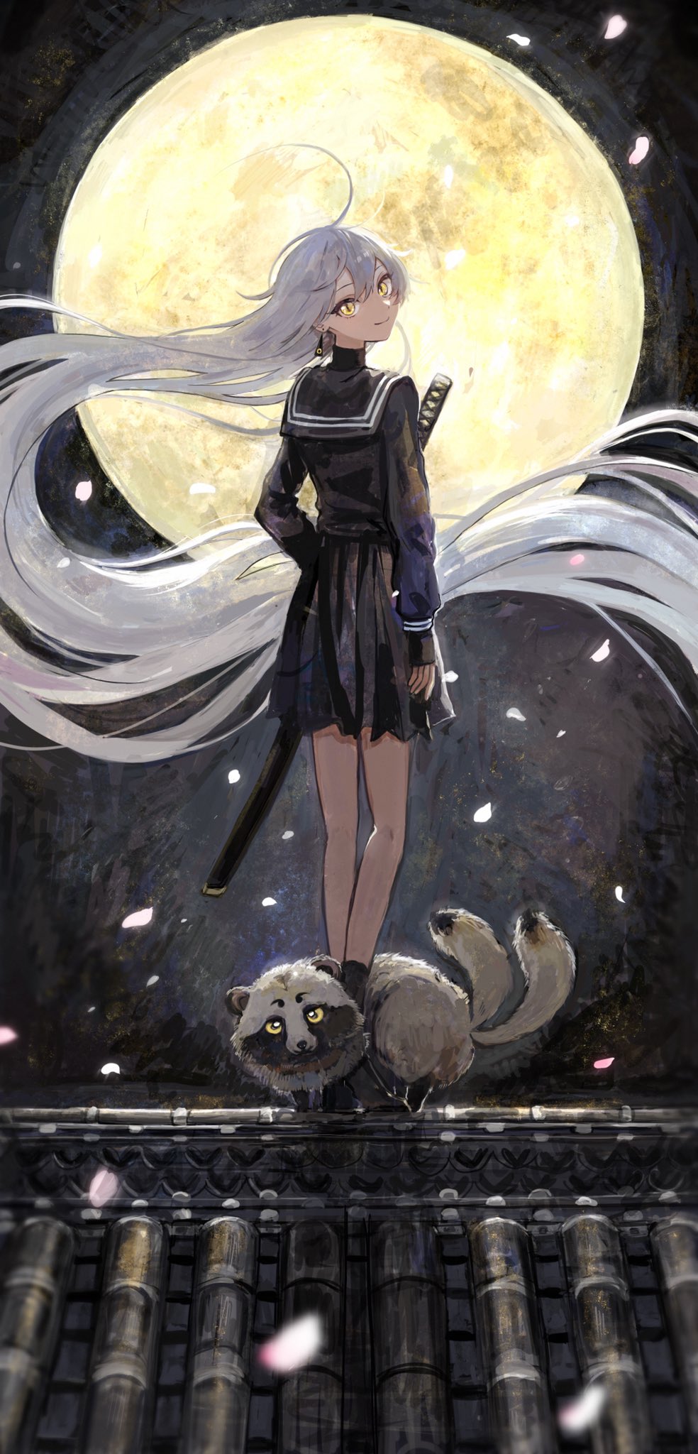 1girl absurdly_long_hair ahoge architecture black_serafuku blurry cherry_blossoms depth_of_field drop_earrings earrings east_asian_architecture eyelashes falling_petals fingerless_gloves full_body gloves grey_hair highres holding holding_sword holding_weapon huge_moon jewelry katana long_hair looking_at_viewer looking_back moon multiple_tails night okanadamo on_roof original outdoors petals rooftop school_uniform serafuku sheath sheathed slit_pupils solo sword tail tanuki turtleneck two_tails very_long_hair weapon wind yellow_eyes yellow_moon