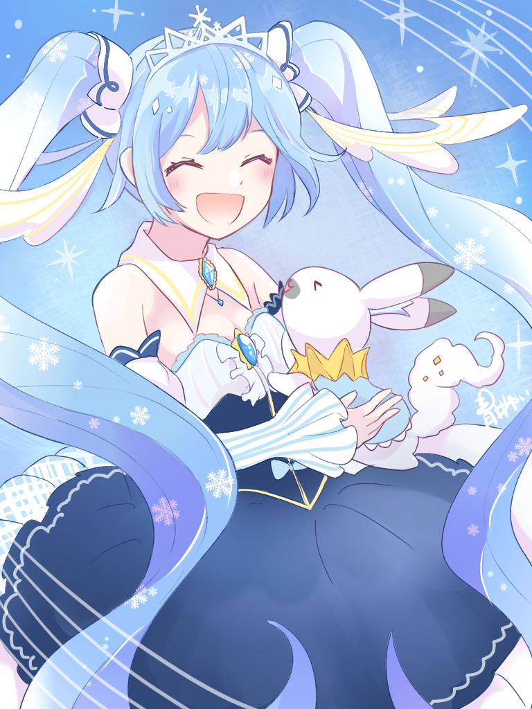 &gt;_&lt; 1girl 1other :d ^_^ animal aoiyui bare_shoulders blue_background blue_dress brooch closed_eyes collar commentary crystal detached_collar detached_sleeves dress framed_breasts hair_ornament hatsune_miku holding holding_animal holding_another jewelry light_blue_hair long_hair open_mouth princess puffy_detached_sleeves puffy_sleeves rabbit_yukine smile snowflake_print star_(sky) strapless strapless_dress striped_sleeves tiara twintails very_long_hair vocaloid white_collar white_sleeves yuki_miku yuki_miku_(2019)