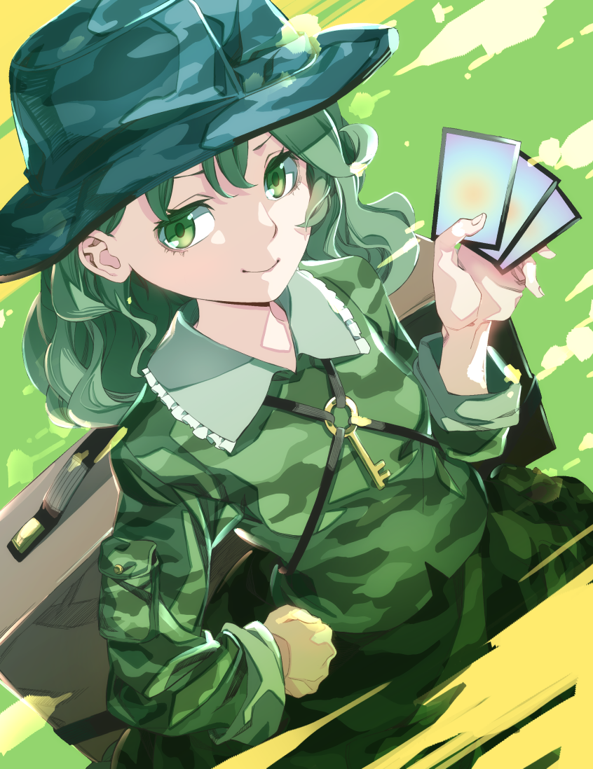 1girl breasts camouflage camouflage_headwear camouflage_jacket card eyebrows_visible_through_hair fedora frilled_shirt_collar frills green_eyes green_hair green_headwear hair_between_eyes hat holding holding_card jacket kamabokopic key long_sleeves looking_at_viewer short_hair small_breasts smile solo touhou wavy_hair yamashiro_takane