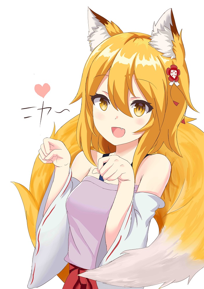 1girl animal_ear_fluff animal_ears bare_shoulders blonde_hair breasts commentary eyebrows_visible_through_hair fang fox_ears fox_girl fox_tail paw_pose senko_(sewayaki_kitsune_no_senko-san) sewayaki_kitsune_no_senko-san small_breasts solo tail yellow_eyes yoga_(29985496)