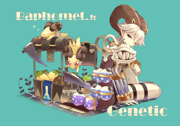 1boy apple bangs baphomet_jr berry blue_background blue_eyes brown_cape cape closed_mouth commentary_request demon english_text flask food fruit full_body genetic_(ragnarok_online) gloves goat horns living_clothes looking_at_viewer looking_back pants pullcart q_qree ragnarok_online red_eyes round-bottom_flask short_hair sitting smile teeth white_gloves white_hair white_pants