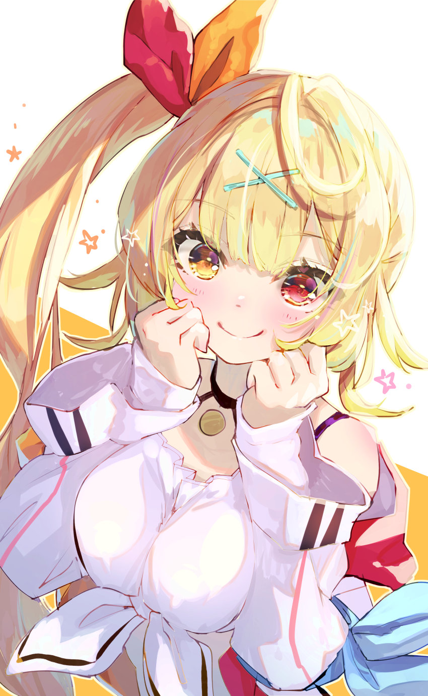 1girl bangs bare_shoulders black_choker blonde_hair blush breasts choker closed_mouth commentary_request eyebrows_visible_through_hair hair_ornament hair_ribbon hands_on_own_cheeks hands_on_own_face hands_up heterochromia highres hoshikawa_sara large_breasts long_hair long_sleeves looking_at_viewer nijisanji orange_ribbon red_eyes red_ribbon ribbon shirt simple_background smile solo star_(symbol) syuri22 upper_body very_long_hair white_background white_shirt x_hair_ornament yellow_eyes