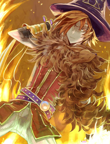1boy animal_around_neck bangle bangs black_gloves bracelet closed_mouth commentary_request cowboy_shot detached_sleeves dutch_angle elbow_gloves fire fox gloves hair_between_eyes hair_over_one_eye jewelry looking_at_viewer lowres male_focus orange_eyes orange_hair pants professor_(ragnarok_online) q_qree ragnarok_online red_shirt shirt short_hair sleeveless sleeveless_shirt solo striped_sleeves white_pants white_sleeves yellow_sleeves