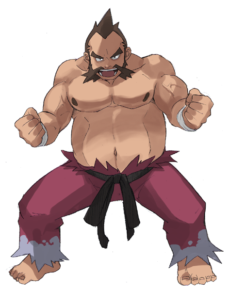 1boy barefoot belt black_belt brown_hair chuck_(pokemon) clenched_hands commentary_request facial_hair full_body legs_apart looking_at_viewer male_focus maou_abusorun muscular muscular_male navel pants pokemon pokemon_(game) pokemon_hgss purple_pants shirtless short_hair solo toes torn_clothes torn_pants wristband