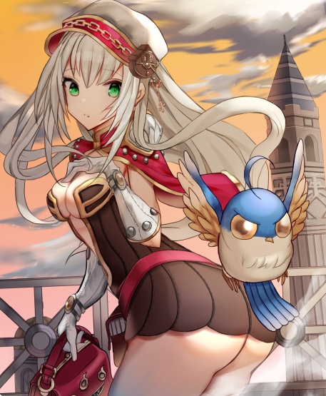 1girl ass bag bangs bird breasts brown_dress cape closed_mouth commentary_request cowboy_shot creator_(ragnarok_online) dress eyebrows_visible_through_hair filir_(ragnarok_online) gloves green_eyes hat holding holding_bag long_hair looking_at_viewer looking_back medium_breasts q_qree ragnarok_online red_cape short_dress strapless strapless_dress white_gloves white_hair white_headwear