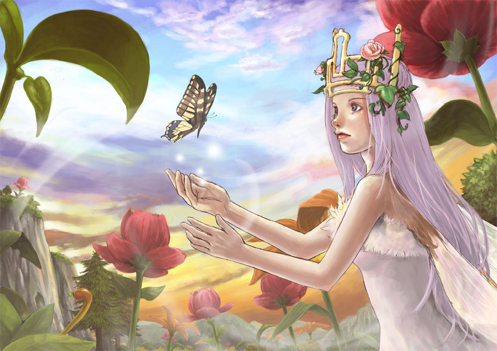 1girl arthropod_girl blue_sky bug butterfly closed_mouth clouds commentary_request crown dress flower gradient_sky in-universe_location insect_wings kawasemi_(pocorit) lens_flare long_hair looking_at_animal mistress_(ragnarok_online) mountainous_horizon orange_flower orange_sky pine_tree pink_flower plant purple_hair ragnarok_online red_flower sky sleeveless sleeveless_dress solo strapless strapless_dress sunset tree upper_body violet_eyes white_dress wings