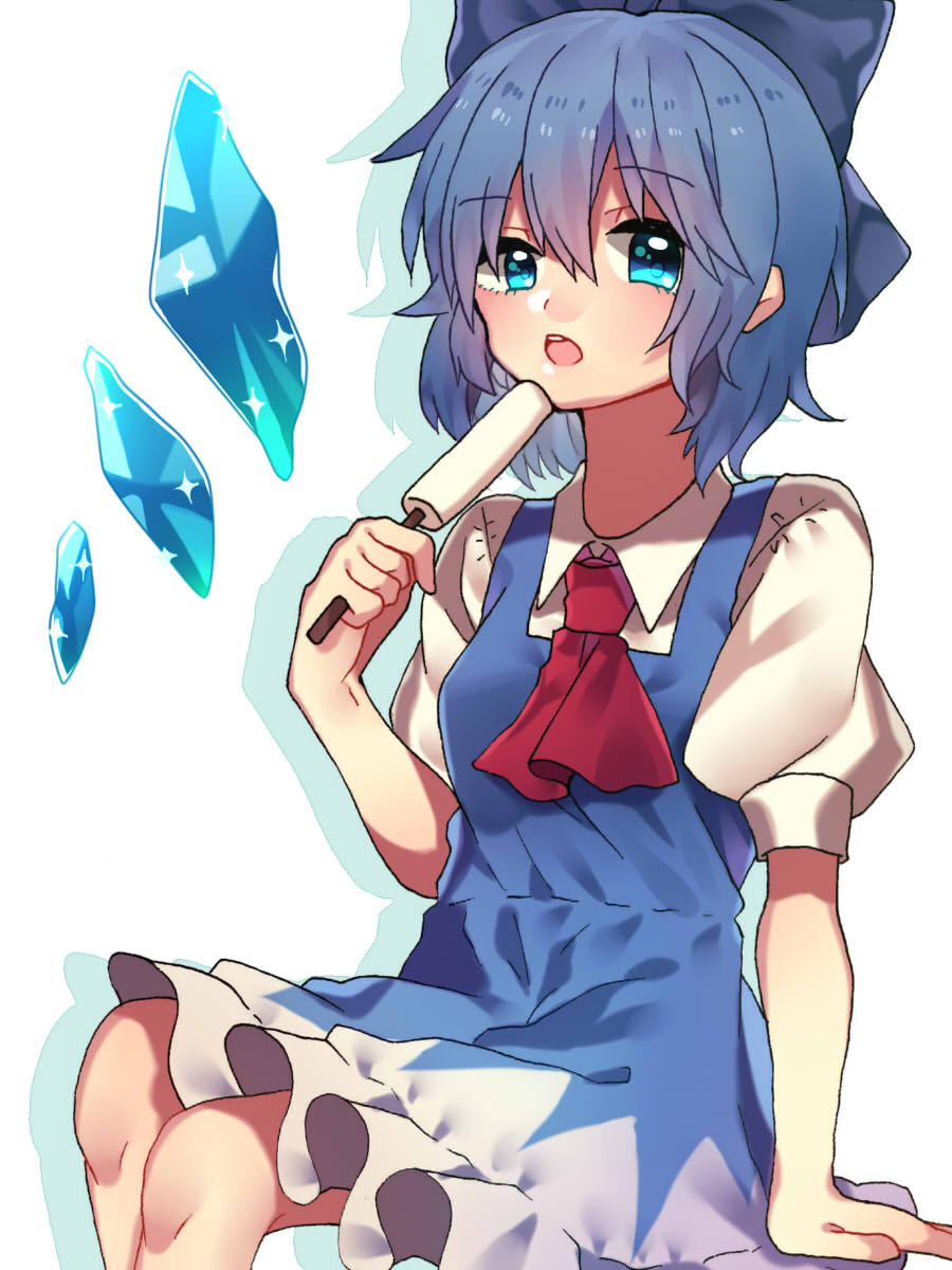 1girl ascot blue_eyes blue_hair cirno collared_shirt dress eating eyebrows_visible_through_hair food hair_between_eyes highres ice knees looking_at_viewer no_wings open_mouth pinafore_dress popsicle puffy_short_sleeves puffy_sleeves red_neckwear renka_(sutegoma25) shirt short_sleeves sitting solo touhou uneven_eyes upper_teeth