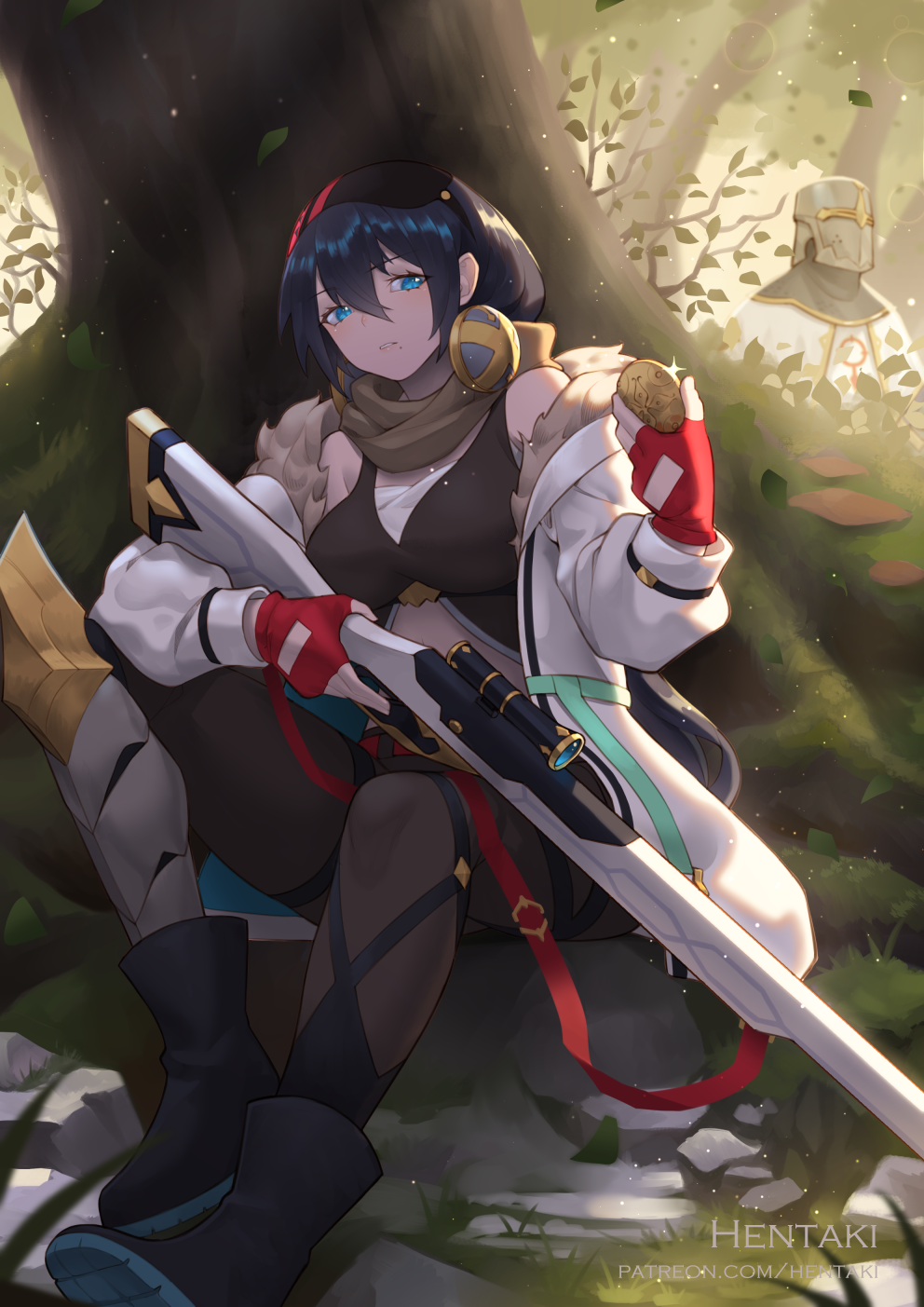 1girl 1other artist_name bangs bare_shoulders black_footwear black_hair black_legwear blue_eyes boots breasts cecile_(dragalia_lost) commentary_request dragalia_lost eyebrows_visible_through_hair fingerless_gloves forest fur-trimmed_jacket fur_trim glint gloves hair_between_eyes helm helmet hentaki highres holding jacket long_sleeves medium_breasts mole mole_under_mouth nature off_shoulder open_clothes open_jacket outdoors pantyhose parted_lips puffy_long_sleeves puffy_sleeves red_gloves shoe_soles sitting solo_focus tree watermark web_address white_jacket