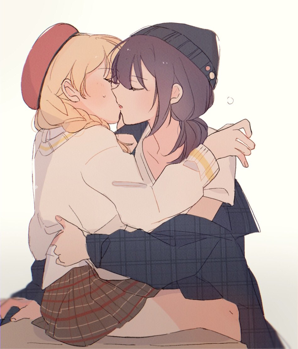 2girls bang_dream! beanie beret blonde_hair closed_eyes eyebrows_visible_through_hair french_kiss hat kiss multiple_girls purple_hair seri_(vyrlw) seta_kaoru shirasagi_chisato sitting sweatdrop yuri